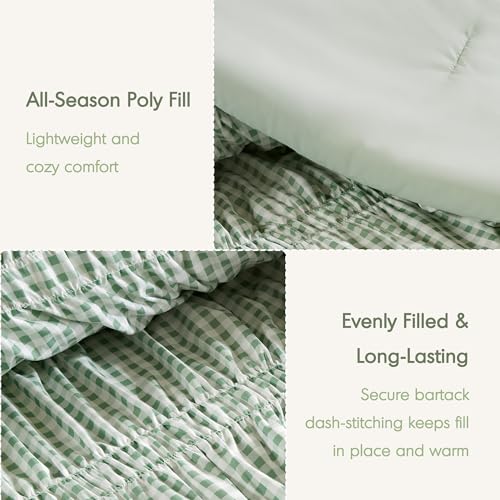 Image of Intelligent Design Ruched Shabby Chic Green Twin XL Comforter Set, 2pc | Girls Dorm Gingham Bedding Set, French Country, All Season Down Alternative, Cozy, Machine Washable, Lightweight, Breathable