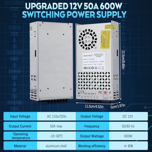 BOSYTRO Trafo 230v auf 12v Netzteil Schaltnetzteil 12V 50A 600W Netzteil Power Supply Transformator für LED Streifen, CCTV, Radio, Kamera, Labornetzteil, Computerprojekt, 3D Drucker, kein Netzkabel – Bild 4