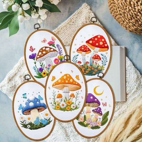 Image of ORIGACH 5 Pack Mushroom Embroidery Kits for Beginners, DIY Stamped Cross Stitch Kit with Mushroom Patterns Hoops Needles Threads and Instructions for Adults Embroidery Craft Lover