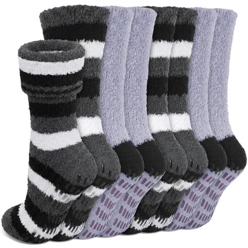 Chalier Cozy 4 Pares de Calcetines Mullidos Térmicos Antideslizantes de Invierno, Cálidos para el Hogar para Hombres y Mujeres Talla Única Gris/Blanco/Negro
