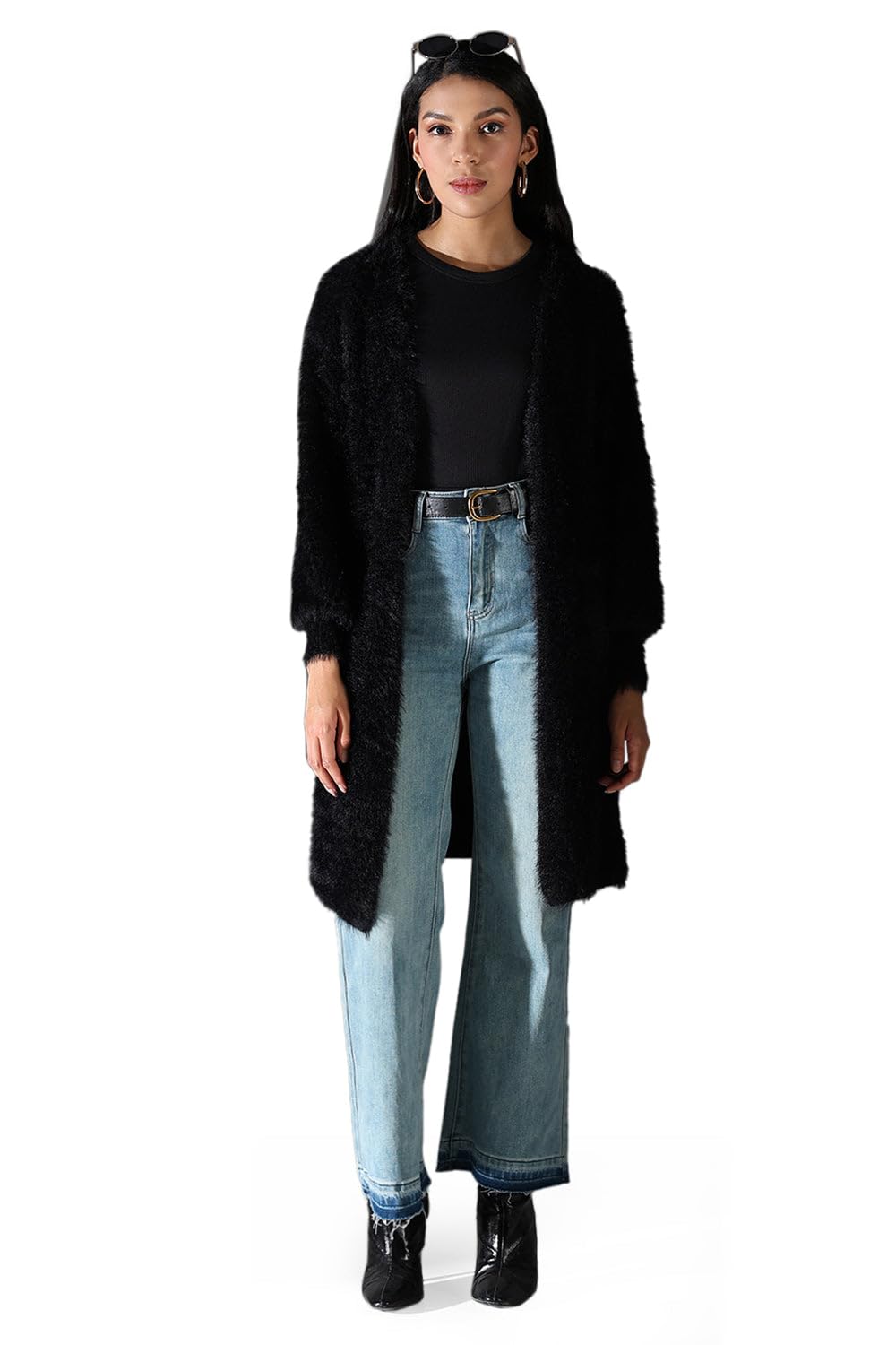 Edition Women's Fuzzy Black Open Front Long Shrug-CHN-955_Black-P-image-30