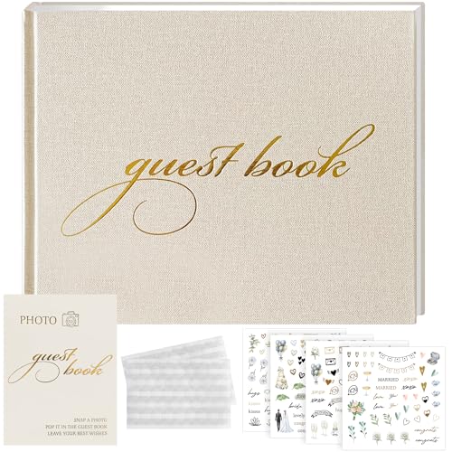 Image of Premium Wedding Guest Book with 200 Stickers - Elegant Linen Guest Sign in Book for Wedding Reception, Polaroid Photo Corners & Table Sign, Keepsake Memory Book
