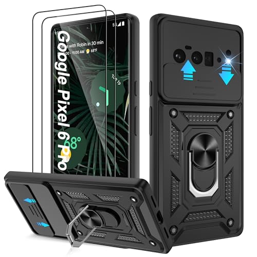 Pilaru for Google Pixel 6 Pro Case with 2 Pack Screen Protector Military Grade Shockproof Cover with Camera Protective Ring Stand Phone Case for Google Pixel 6 Pro Black