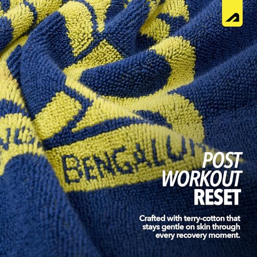 Image of Boldfit X Royal Challengers Bengaluru RCB Official Merchandise Bath Towel 100% Cotton Lightweight Soft & Absorbent Large Shower Towel for Gym, Sports, Bath, Beach & Pool Blue (70 x 140 cm)