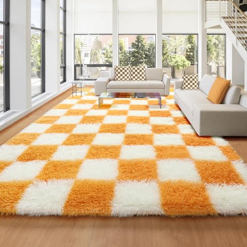 Image of KICMOR 8x10 Area Rugs for Living Room, Large Soft Fluffy Checkered Big Fuzzy Shag Shaggy Carpet for Bedroom, Orange and Cream White Plush Rug for Kids Boys Girls Dorm Nursery Home Decor Aesthetic