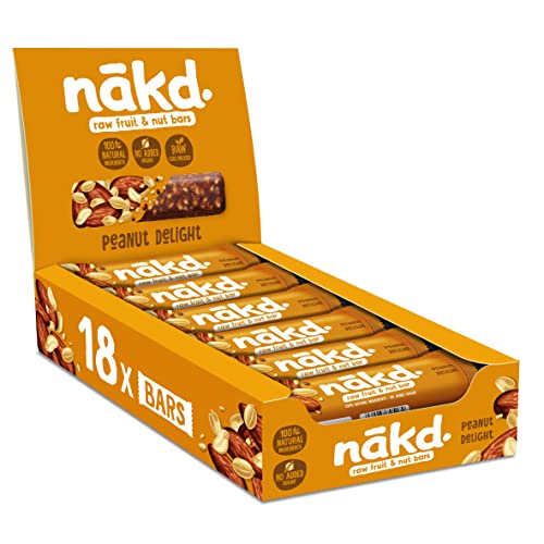 Nakd, Peanut Delight, Fruitrepen en gedroogde vruchten met pinda's, zonder suiker, glutenvrij, veganistisch, verpakking van 18 repen van 35 g