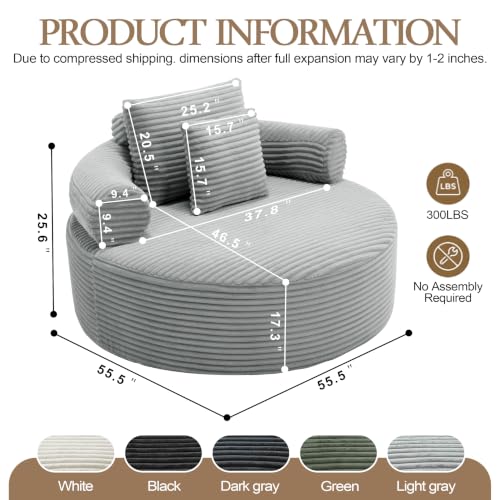 Image of Trustyue Boneless Couch,Comfy Fluffy Sofa Bed,Upholstered Sleeper Sofa with Cup Holder and Throw Pillows,Corduroy Plush Cloud Lounge Chair (Grey, Corduroy)