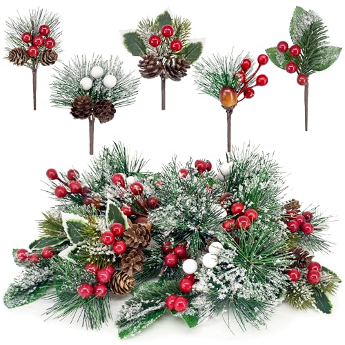 20pcs Künstliche Tannenzweige mit Tannenzapfen und roten Beeren,...