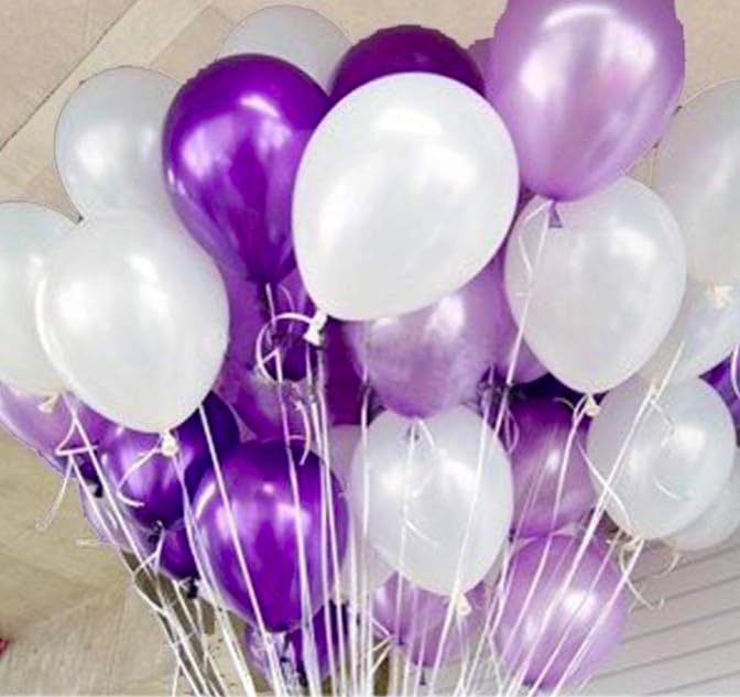 Image of AMFIN (Pack of 50) Metallic Balloons Birthday, Wedding, Engagement, Baby Shower, 1st Birthday, Anniversary Party, Theme Party, Office Party - Purple & White