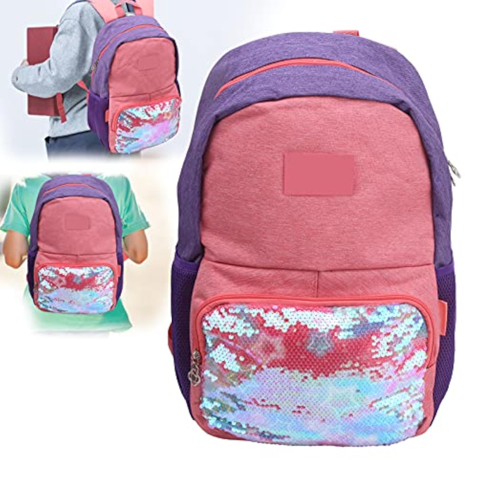 Adjustable Shoulder Straps Sequins Backpack, Purple/Salmon Red