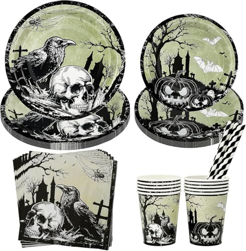 Halloween Tableware Set for 10 People - 50Pcs Decoration Paper Dinnerware With Reusable Plates Napkins Cups - Party Supplies and Decor