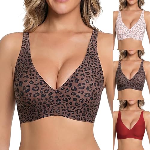 Damen Nahtloser BH Ohne Bügel Tiefer V Ausschnitt Leoparden Push Up BHS Bequemer Nahtlose Unterwäsche Soft Bügelloser Bra Bralette Seamless Vollständiger T Shirt Starker Halt Damen-BHS