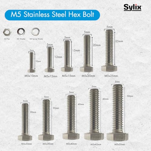 Image of SYLIX M5 x 45mm Stainless Steel Hex Head Bolt with Nut & Washer Set Rust-Proof, Precision Threaded, Heavy-Duty Fasteners for DIY, Automotive, Industrial, Plumbing Use (25 PCS)