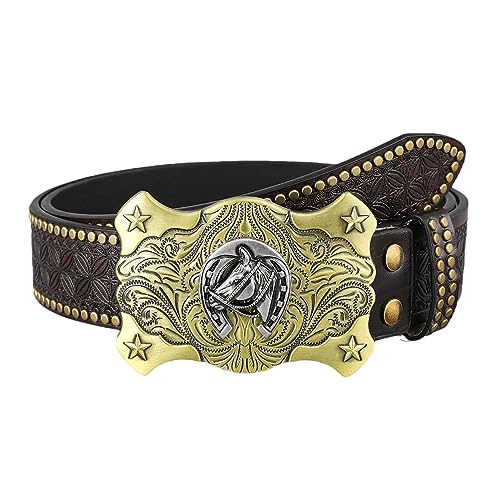 Ceinture en cuir cloutée style cowboy western de 38 mm pour homme avec motif cheval