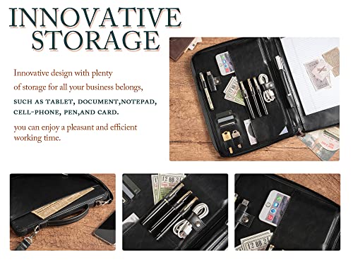 Azxcg Leather Portfolio For Men, Resume Padfolio Folder With Handle/Shoulder Strap, Zippered Legal Pad Holder Organizer For 15" Laptop, Leather Conference Folder, Office Gifts, Black #TOP1