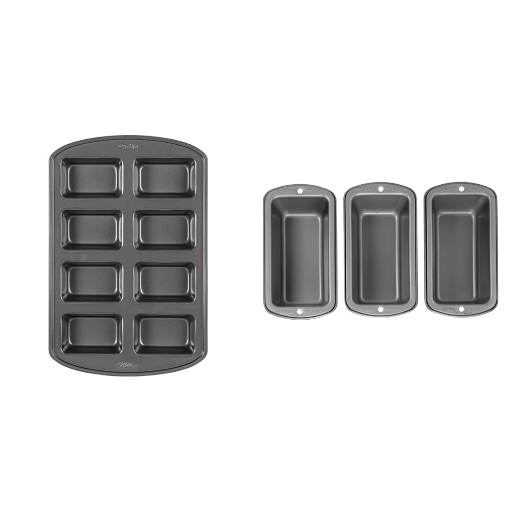 Wilton Perfect Results Non-Stick Mini Loaf Pan, 8-Cavity, 15.2 IN x 9.5 IN x 1.6, Gray and Wilton Recipe Right Non-Stick Mini Loaf Pan Set, 3-Piece, Steel