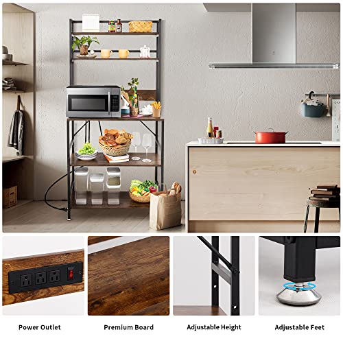 Vtechvat Kitchen Bakers Rack With 3 Power Outlet, Microwave Oven Stand Coffee Station Shelf Organizer, Adjustable Height Storage Rack With Hutch, Hooks - 15.7" D X 31.5" W X 66.5" H #TOP2