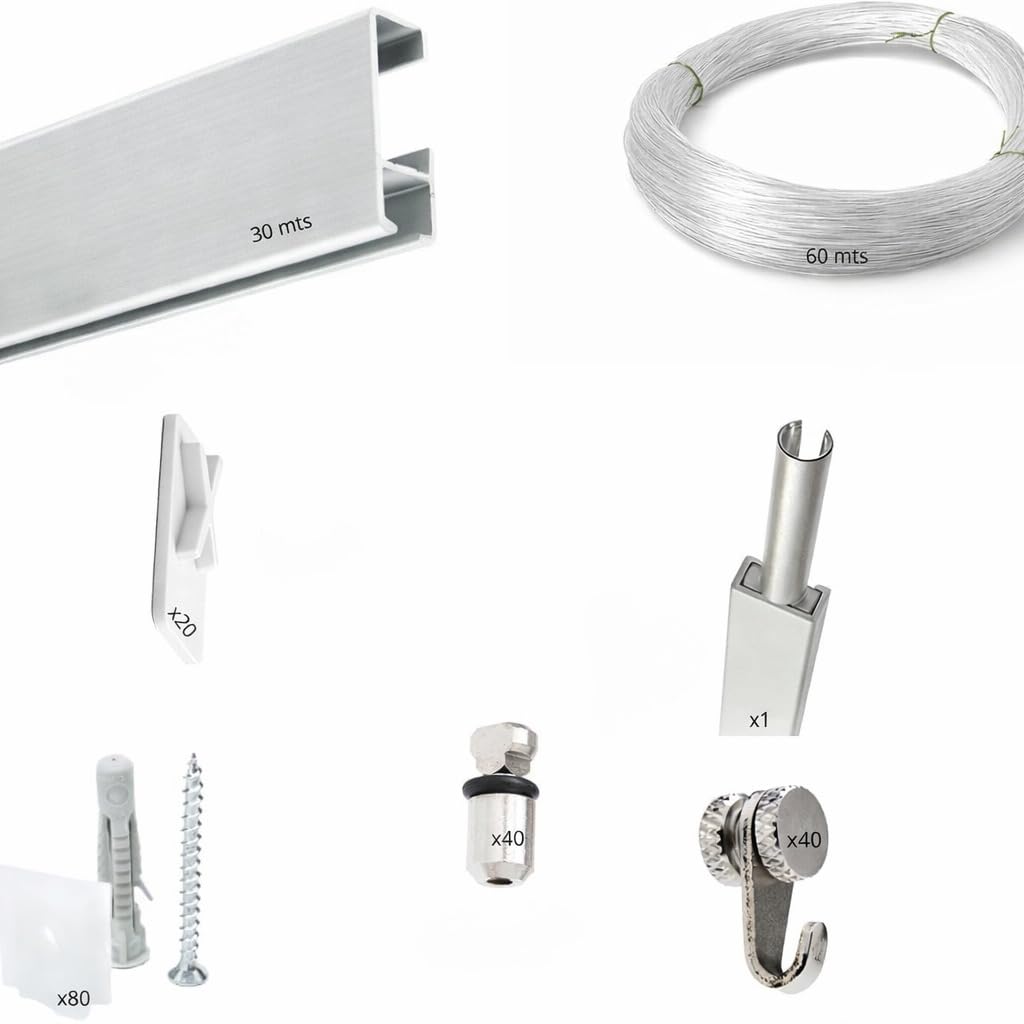 Sistema para Colgar Cuadros RM Express Basic-Plus | Aluminio Plata | 30 m Cobertura | Hasta 50 kg/ml | 40 Ganchos RM 15 kg | Kit Profesional para Galerías y Decoración