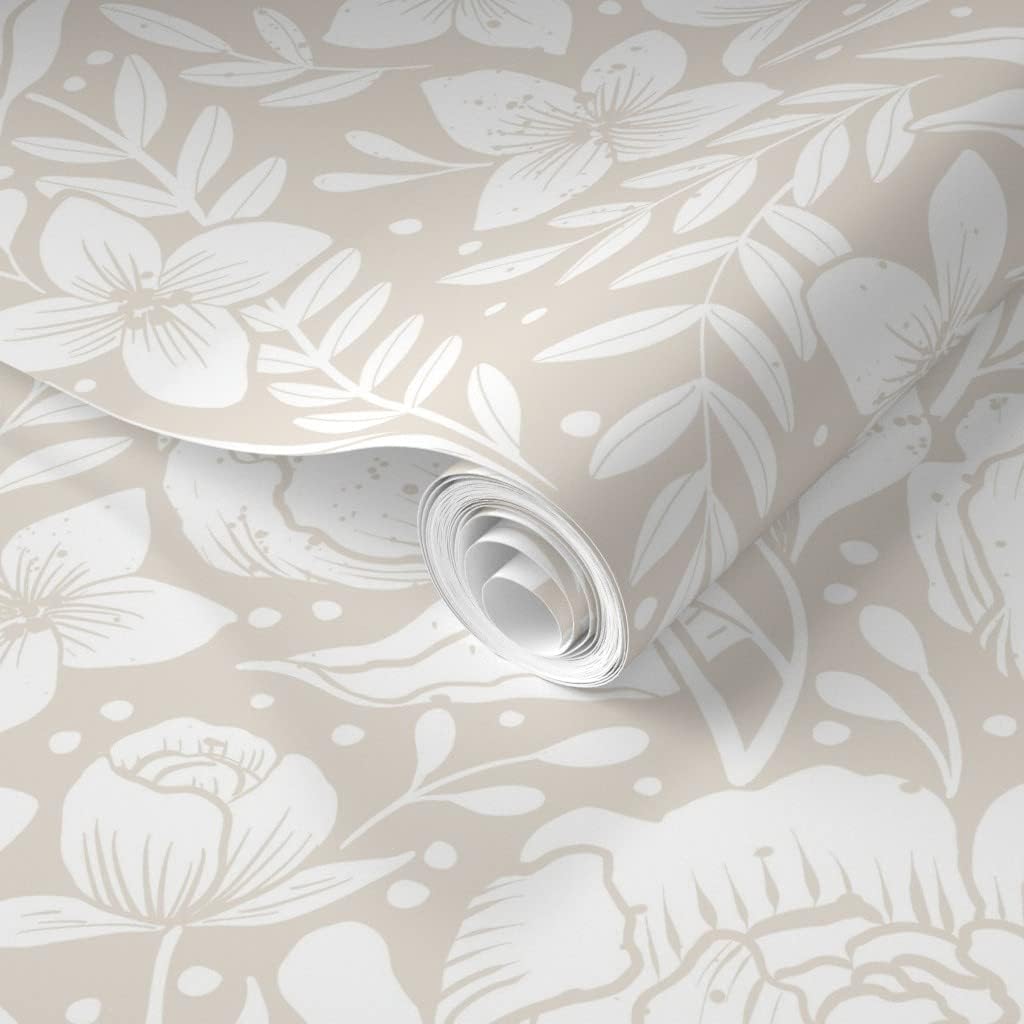 Spoonflower Removable Wallpaper 12ft x 2ft - Peonies Neutral Botanicals Art Nouveau Vintage Custom Pre-Pasted Wallpaper