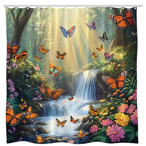 Forest Waterfall Shower Curtain Butterfly Spring Jungle Rainforest Wonderland Fantasy Tropical Fairy Tale World Flower Romantic Nature Bathroom Curtains Set Polyester Fabric with Hooks 70 W x 70 L