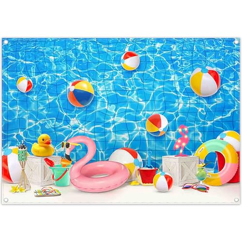 ZTHMOE Fabric 7x5ft Summer Swimming Pool Photography Backdrop Water Beach Ball Balloons Tropical Background Kids Adults Party Decorations Holiday Photo Banner Booth