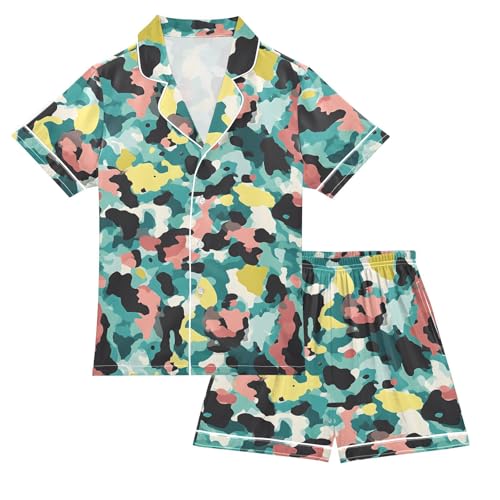 ALAZA Bright Yellow Black Green Camouflage Satin Pajamas Set Short Sleeve Button Down Sleepwear Summer Pjs 2 Piece