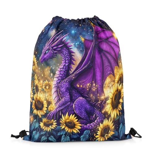 Erosebridal Dragon Drawstring Backpack 13x15.7, 3D Sunflower Safari Printed Drawstring Bags For Sport Gym, Galaxy Wildlife Foldable Draw String Back Bag, Yellow Purple Stars Animals String Backpack2