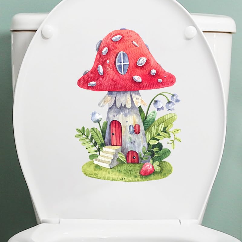 Mushroom House Toilet Cover Sticker Decals,Cartoon Spring Flower Leaf Waterproof Toilet Lid Tank Seat Decals Cistern Self-Adhesive Bathroom Wall Sticker