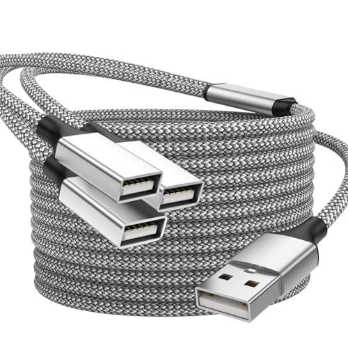 POHFP Divisor USB de 6.6 pies, cable de extensión USB A macho a 3 hembra, compatible con carga y transferencia de datos para impresora/teclado/unidad flash/PlayStation/portátil/LED, etc. (plateado)