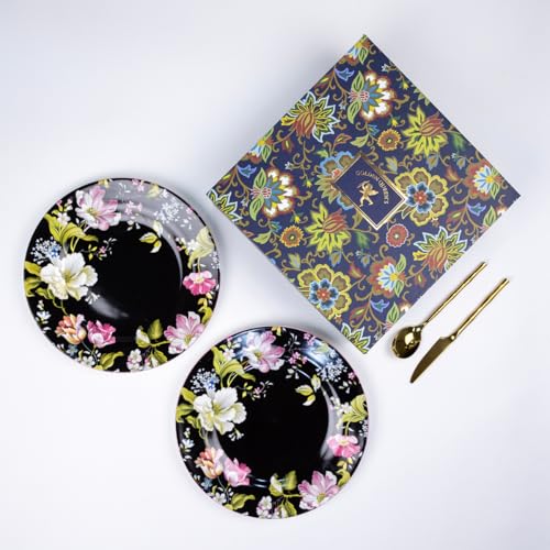 Image of GOLDEN QUEEN'S Handcrafted Dinner Plates: Set of 2 | Perfect for Hosting and Daily Meals | Microwave Safe Plates | 10.5 inch | Serves 2 (Garden Splendor in Black Dinner Plates)