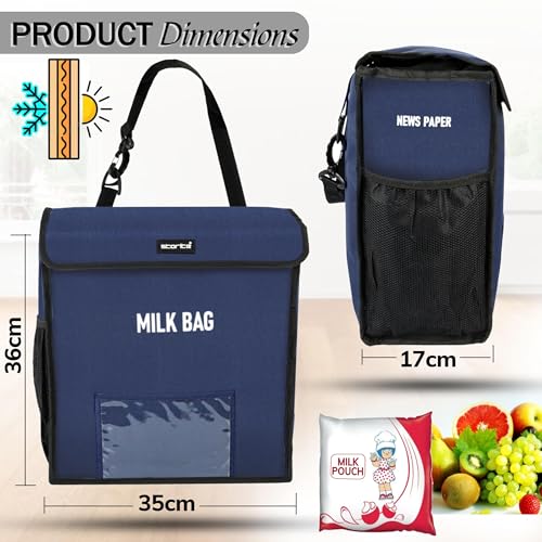 Image of Storite Milk Bag for Door Hanging - Insulated and Waterproof Storage for Milk Sachets, Bottles, Outdoor Gate Delivery Basket Box with Pocket for Notes and News Paper (Jumbo Blue, Large (36x17x35cm))