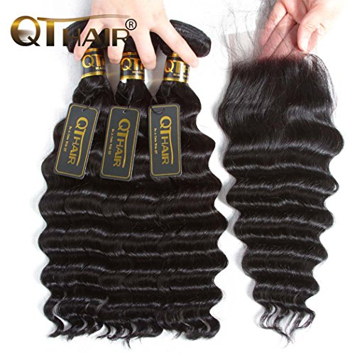 QTHAIR 10A Peruvian Loose Deep Wave Human Hair with Closure(16 18 20+14Free Part Closure,Natural Black) Peruvian Loose Deep Wave Virgin Hair Weave with 4x4 Swiss Lace Closure with Baby Hair