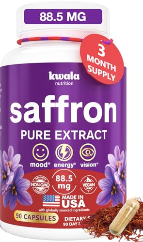 Kwala Nutrition Saffron Supplements for Mood, Energy & Focus - 100% Pure Saffron Extract - 88.5mg - 3 Month Supply - Made in USA - 90 Veggie Capsules