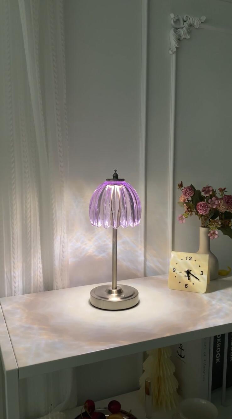 Image of Shenmoyl Tulip Table Lamp with 5200mAh Battery & Touch Control, Cordless Small Table Lamp with 3 Colors, Dimmable Rechargeable Table Lamps for Living Room, Bedroom, Desk, Bedside (Clear Purple Tulip)