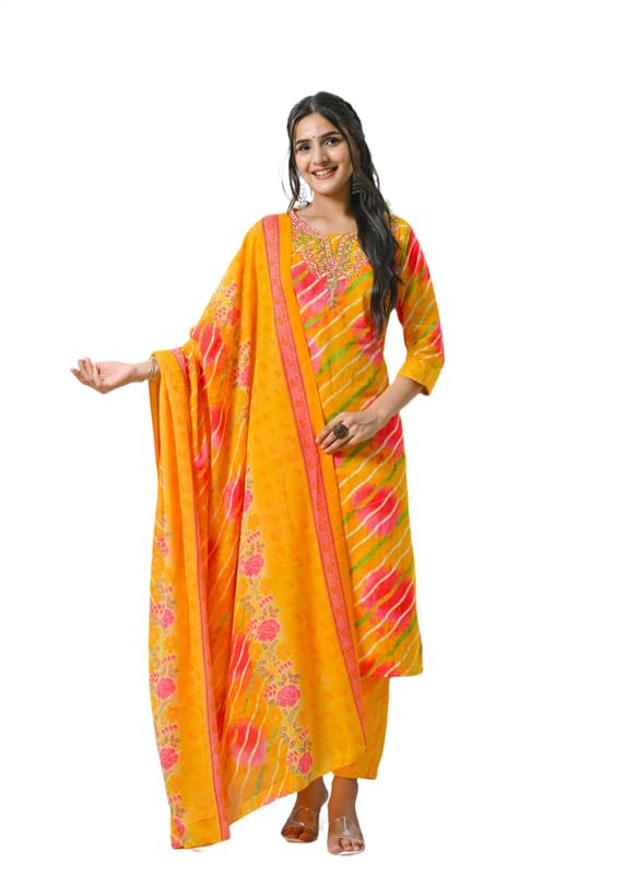 Women Trendy Floral Lehriya Printed Cotton A-Line Kurta With Pant and Dupatta-picture-23