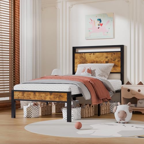 Image of Z-hom Upgraded Twin Bed Frames, Heavy Duty Metal Sturdy Bed Frame Twin Size with Modern Wood Headboard & Footboard, Stable Platform Bed Furniture Bed Storage, No Noise, No Box Springs, Vintage Brown