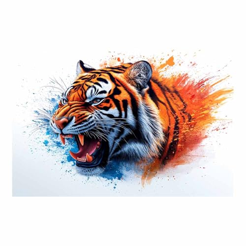 Toile tigre rugissant orange suspendue dans un salon contemporain au-dessus du canapé