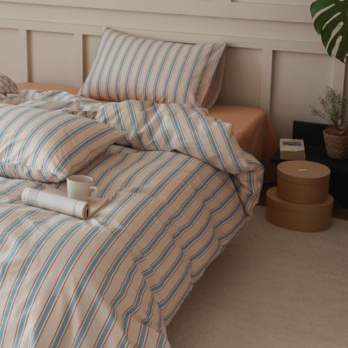 Image of Striped Comforter Set King Size, 3 Pieces Lightweight Striped Bedding Comforter Set, Fluffy Soft Blue Brown Stripes Pattern Printed Bedding Set, Breathable King Size Comforter with 2 Pillowcases