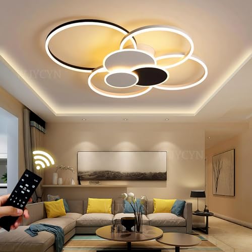 Plafonnier LED 7 anneaux dimmable noir et blanc 80W pour grand salon moderne
