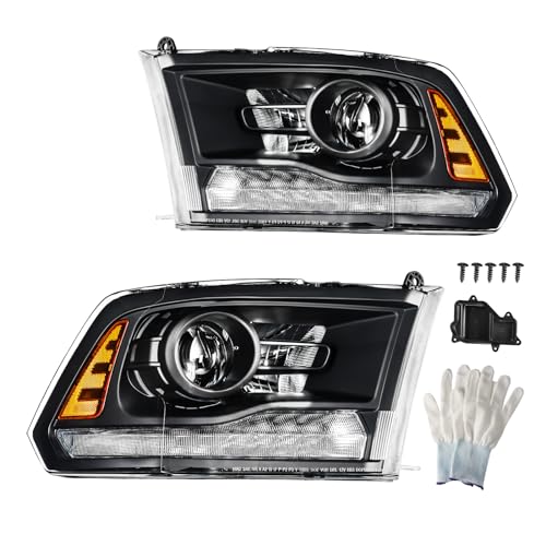 PHILTOP Pair Headlights Assembly Compatible with 2013-2018 Ram 1500/Ram 2500/Ram 3500,2019-2023 Ram 1500 Classic,Black Housing Clear Lens Amber Reflector,Halogen Headlamps（Driver + Passenger Side） by PHILTOP - Used condition - US$182.47
