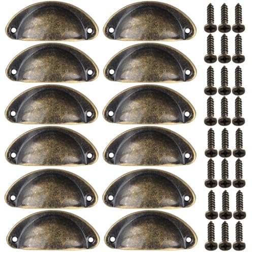 Beilala Cabinet Cup Pull Handles, 12 Pack Kitchen Shell Cupboard Handles, Vintage Furniture Door Hardware Knobs with Screws for Chest of Drawers Dresser Wardrobe, Bronze