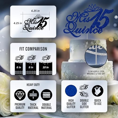 Mis Quince 15 Quinceanera Glitter Cake Topper, Fifteen Birthday Party Decorations Ideas, Premium Quality Decoration, Sturdy Doubled Sided Glitter, Acrylic Stick. Made in USA (Blue)