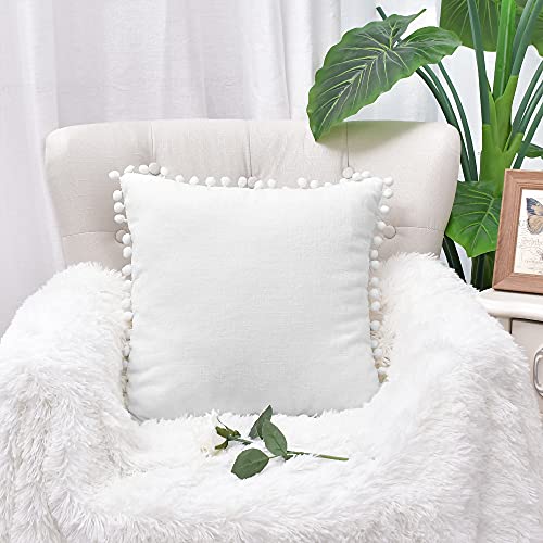 CaliTime Throw Pillow Cases Pack of 2 Cozy Solid Dyed Soft Chenille Cushion Covers with Pom Poms for Couch Sofa Home Decoration 55cm x 55cm True White - Image 3
