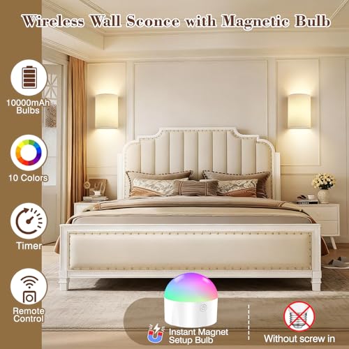 Image of Battery Operated Wall Sconce Set of Two: 10000mAh Wireless Wall Light with Rechargeable Magnetic Bulb - Dimmable Wall Lamp with 7 RGB Colors - Linen Shade Sconces with Remote for Bedroom Living Room