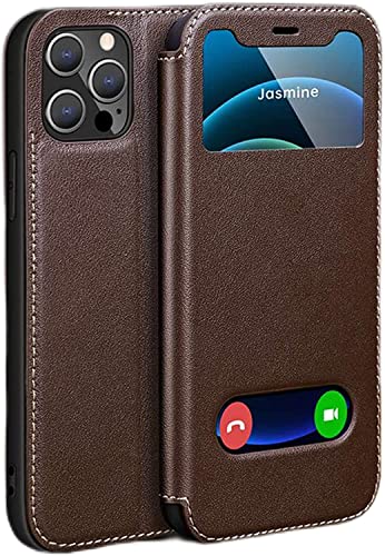 Étui iPhone 14 Pro avec fenêtre transparente et support magnétique marron