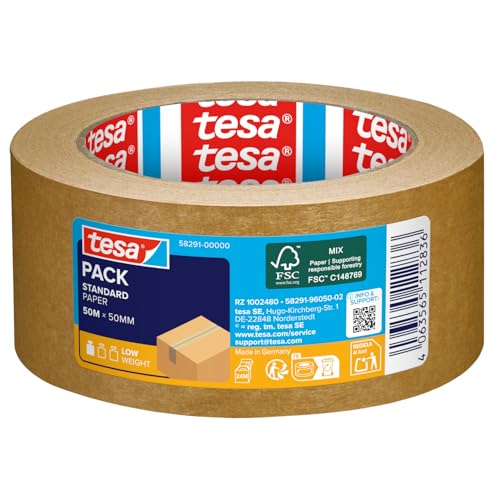 tesa pack STANDARD PAPER - Paketband aus Papier - 56% erneuerbare Mateialien - handeinreißbar - Verpackungsband für leichte Pakete - Braun - 50 m x 50 mm