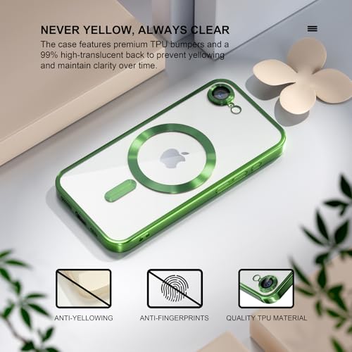 Image of Misea Magnetic for iPhone 17e / 16e Case Compatible with MagSafe Green | [Never Yellowing] [Military Drop Protection] Full Camera Lens Protector Plating Soft Clear Phone Case for Women, Green