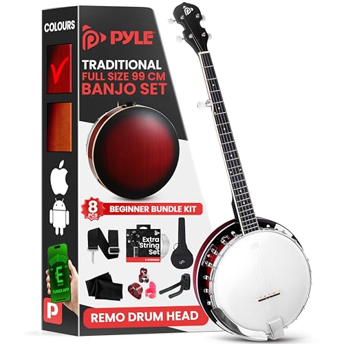 Pyle 5 String Banjo Remo Head Banjos Beginner Kit 39 Full Size Open or Closed Back Instrument w/ 24 Brackets Starter accessories Geared 5th Tuner Gig Bag Extra Strings - Strap Picks Wrench