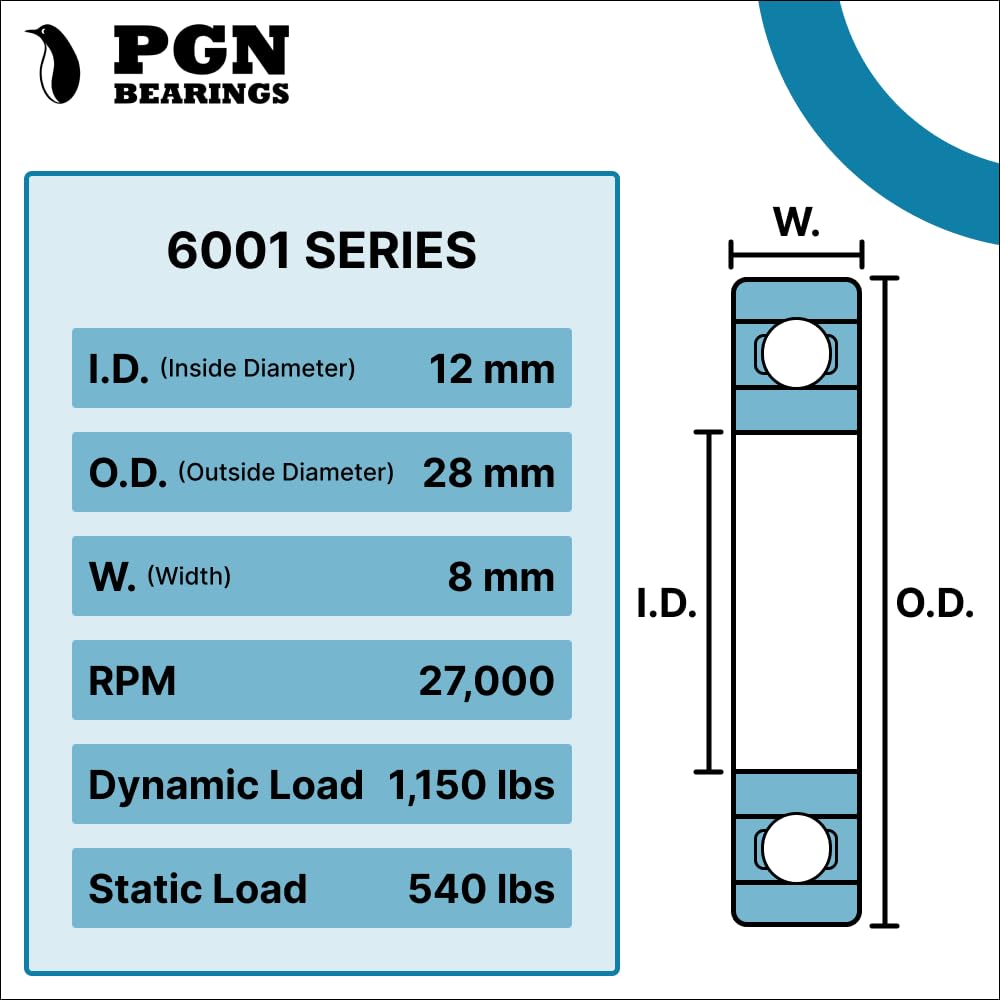 PGN (50 Pack) 6001-2RS Bearing - Lubricated Chrome Steel Sealed Ball Bearing - 12x28x8mm Bearings with Rubber Seal & High RPM Support