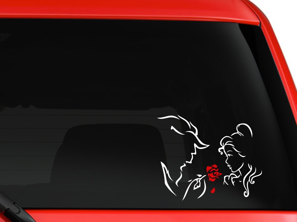 Beauty the Beast and the Red Rose car truck SUV mac book mac air laptop wall window decal sticker approx. 8 inches white and red